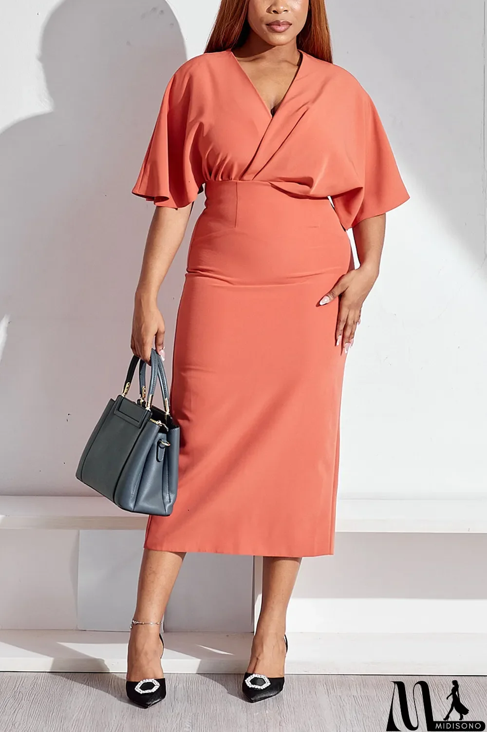 MidiSono - Black Plus Size Casual Simplicity Basis Solid Color V Neck Wrapped Skirt