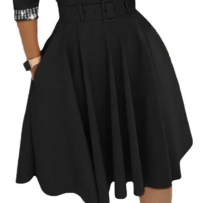 Wongn Wongn Autumn / Winter Temperament Elegant Closed Waist Hot Diamond In The Long Sleeve Solid Color Big Swing V-Neck Dress With A Belt