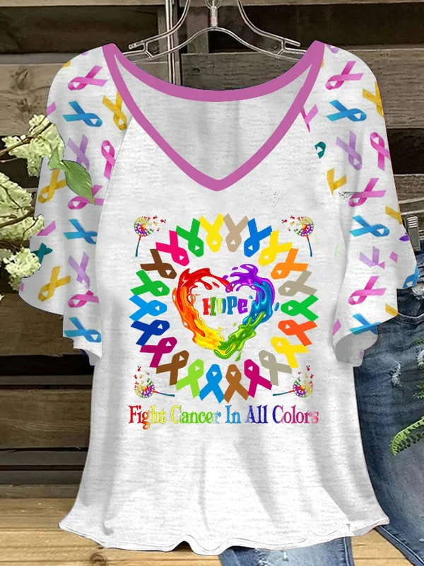 Women's Fight Cancer In All Colors Colorful Ribbons Cancer Awareness V-Neck Ruffle Sleeve T-Shirt.