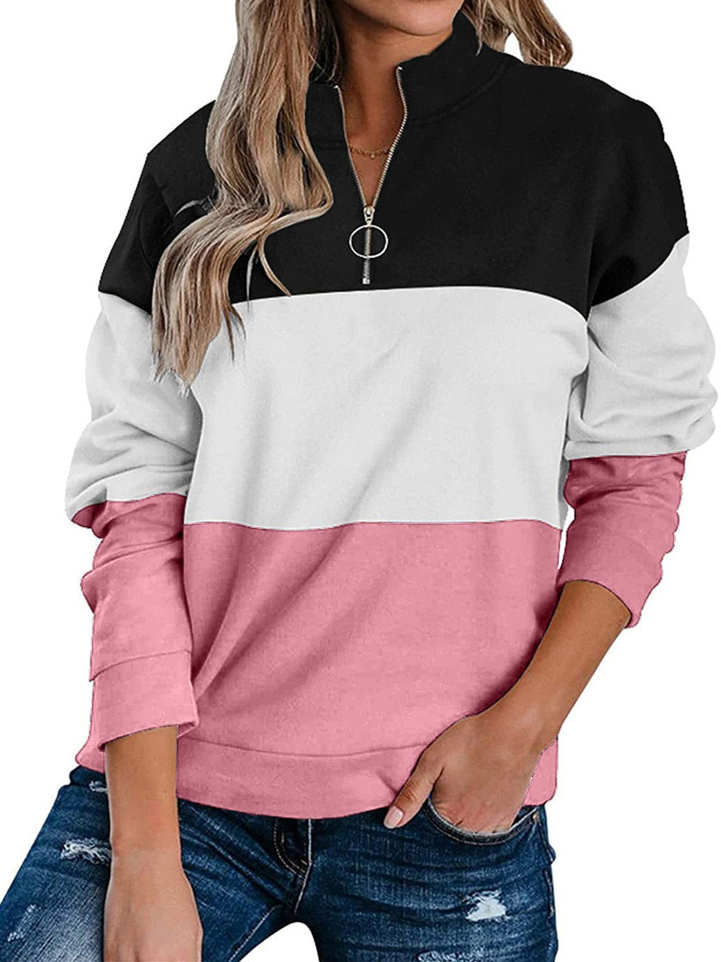 Women Long Sleeve Turtle Neck Colorblock Top