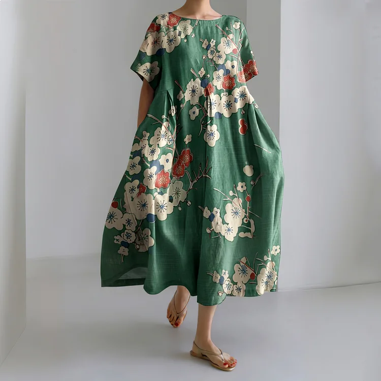 Vintage Plum Blossom Printed Crew Neck Casual Midi Dress