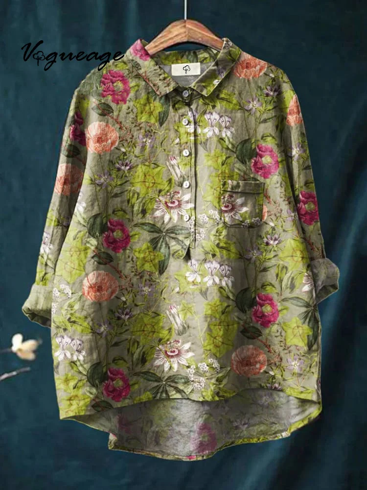 Elegant Ink Painting Comfortable Plants And Flowers Print Cotton And Linen Shirt