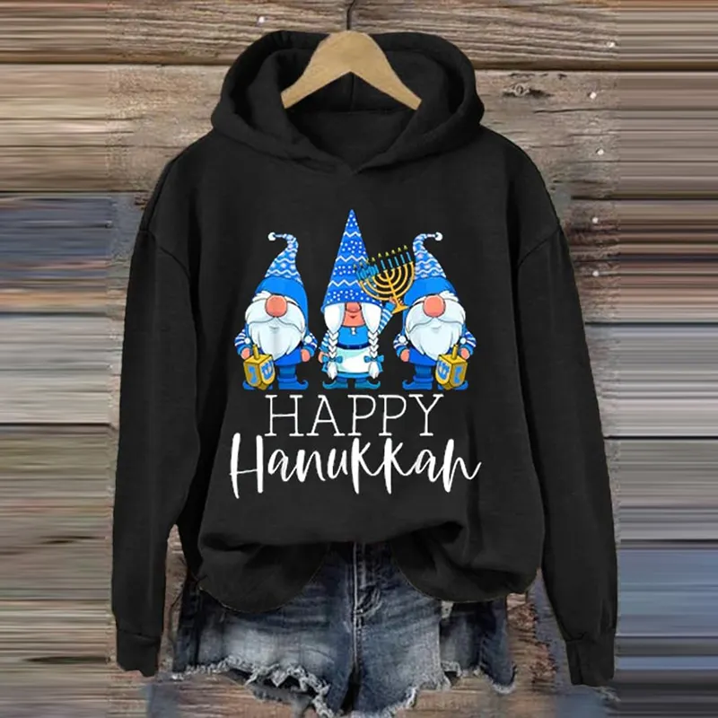 Women's Happy Hanukkah Print Long Sleeve Hoodie