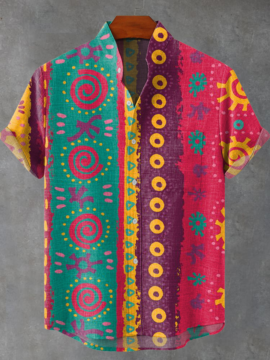 Vintage Abstract Colorful Circular Geometric Stripes Art Print Casual 100% Cotton Shirt