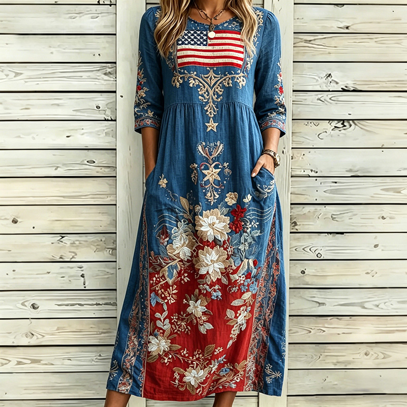  Women's Retro Independence Day Flag Floral Art Embroidery Casual Cotton Linen Long Dress Westsshops