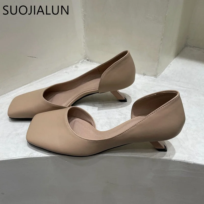 SUOJIALUN 2022 Spring New Women Pumps Sandal Ladies Elegant Low Kitten Heel Dress Shoes Square Toe Shallow Pumps Shoes for Work