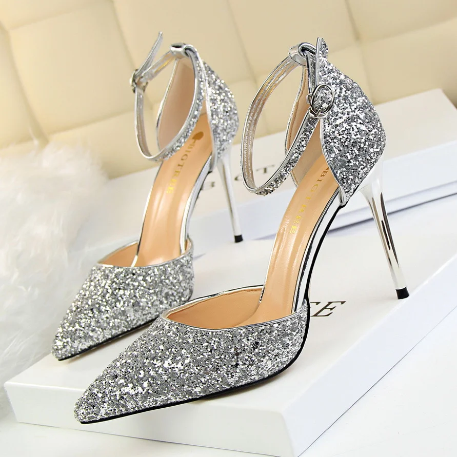 Colourp Colourp Sexy Nightclub Women's Shoes High Heel Shallow Pointed Metal Thin Heel With Sequined Hollow Sandals