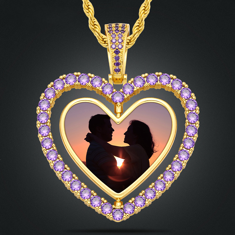 Custom Photo Rotating Double-side Hollow Heart Iced Out Pendant Necklace-VESSFUL