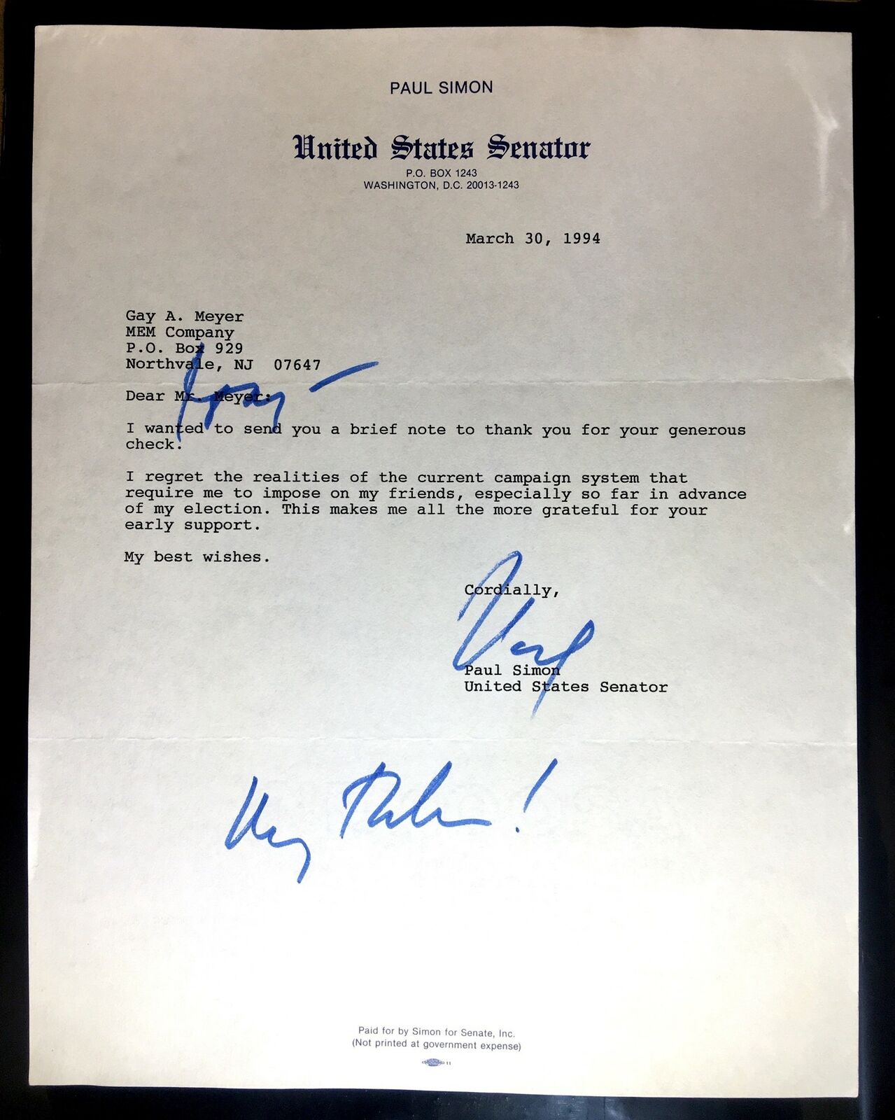 Paul Simon Signed Typed 8.5x11 Letter Illinois Senator Autograph Auto