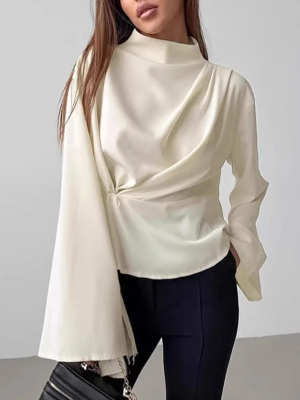 Pleated Solid Color Zipper Flared Sleeves Long Sleeves Stand Collar Blouses&Shirts Tops