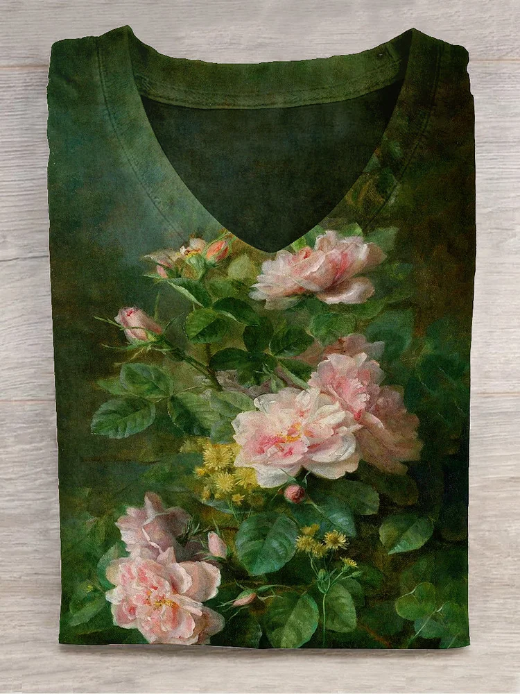 Unisex Floral Art Print Crew Neck Short Sleeve T-Shirt