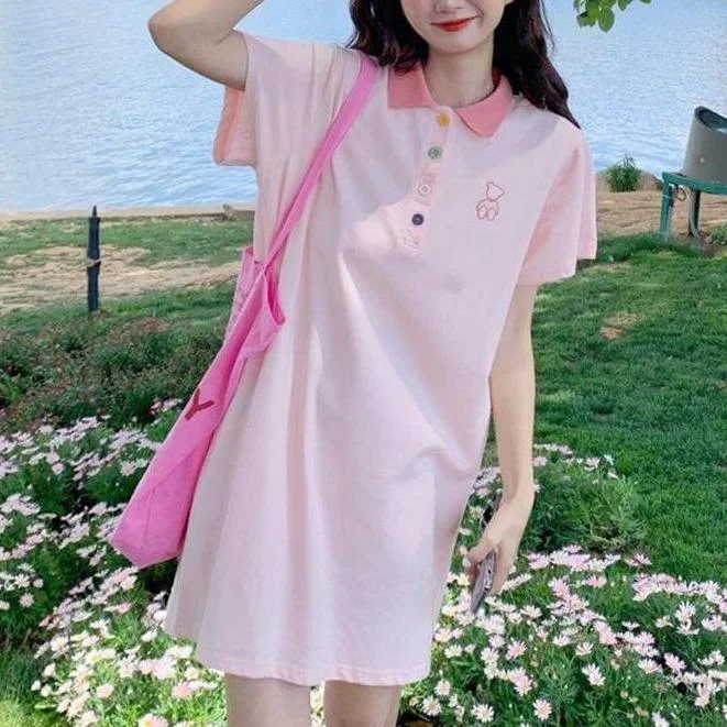 White/Blue/Pink Cute Polo Collar Long T-shirt Kawaii Bear Dress SS1912