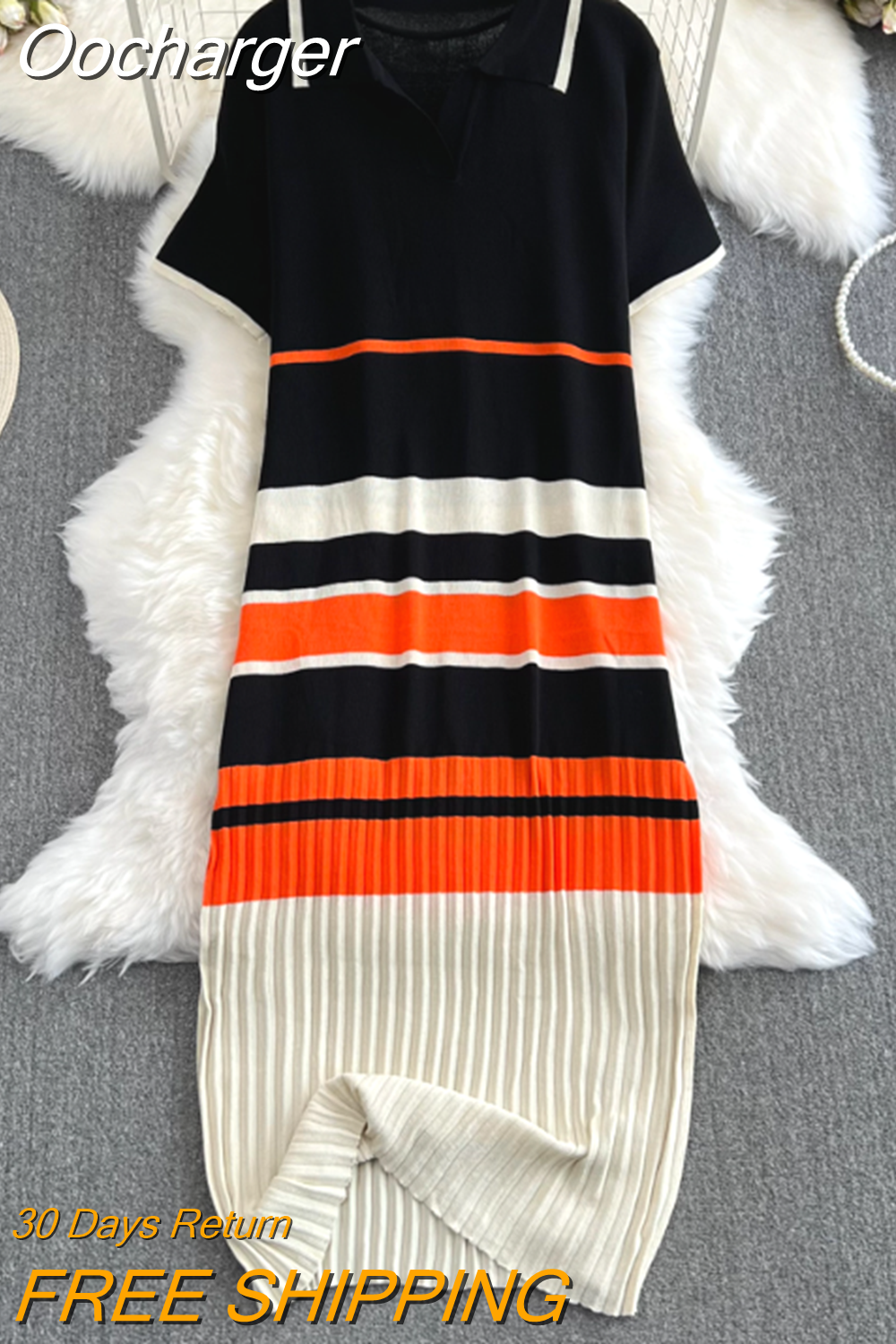 Oocharger Knitting Women Dresses Stripes Contrast Color Short Sleeve Summer Vestidos Loose Korean Fashion Long Dress Vintage