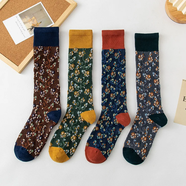 Black Friday Sale 50%OFF-4 Pairs Womens Floral Long Cotton Socks-mysite