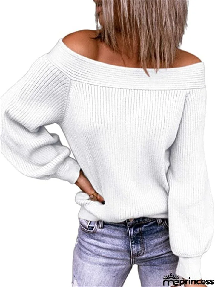 Sexy Off-The-Shoulder Loose Knit Solid Color Pullover Sweater