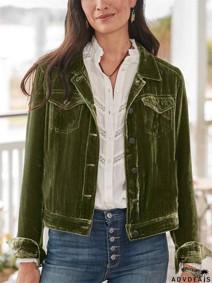 Women's Casual Gold Velvet Chest Pocket Workwear Short Jacket