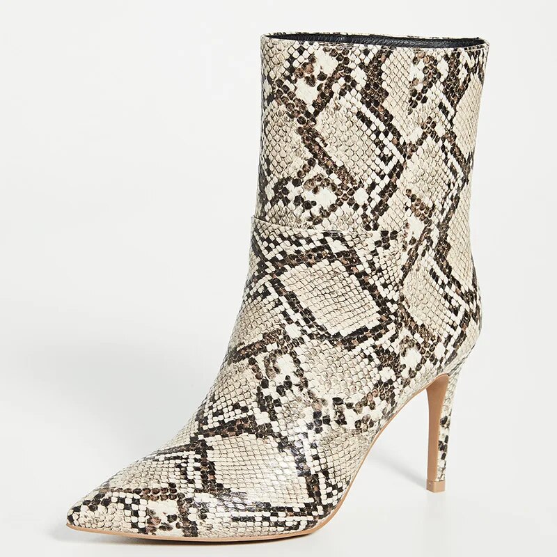TAAFO Python Snake Print Woman Booties Pointed Toe High Thin Heels Ankle Boots Lady Shoes