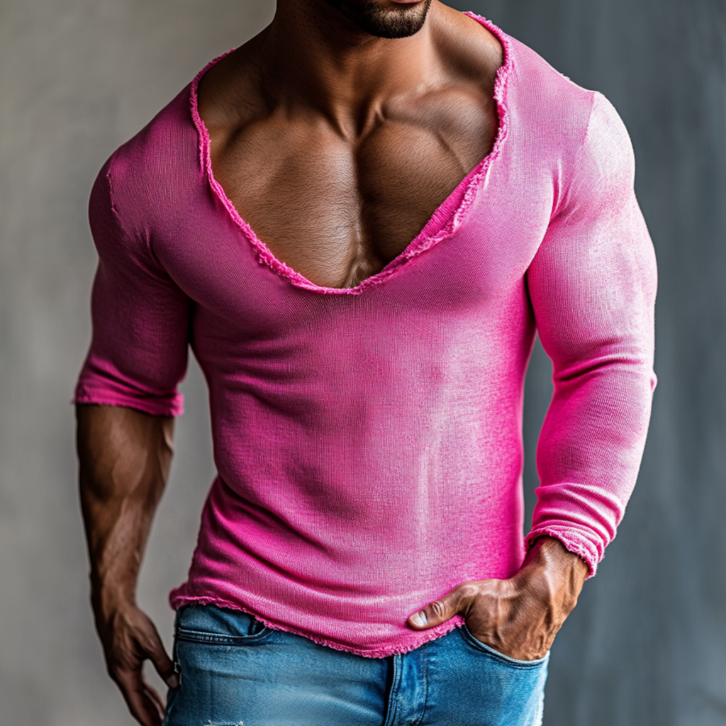  Stylish Pink V-Neck Muscle Fit Top for Men - Perfect for Casual and Fitness Wear