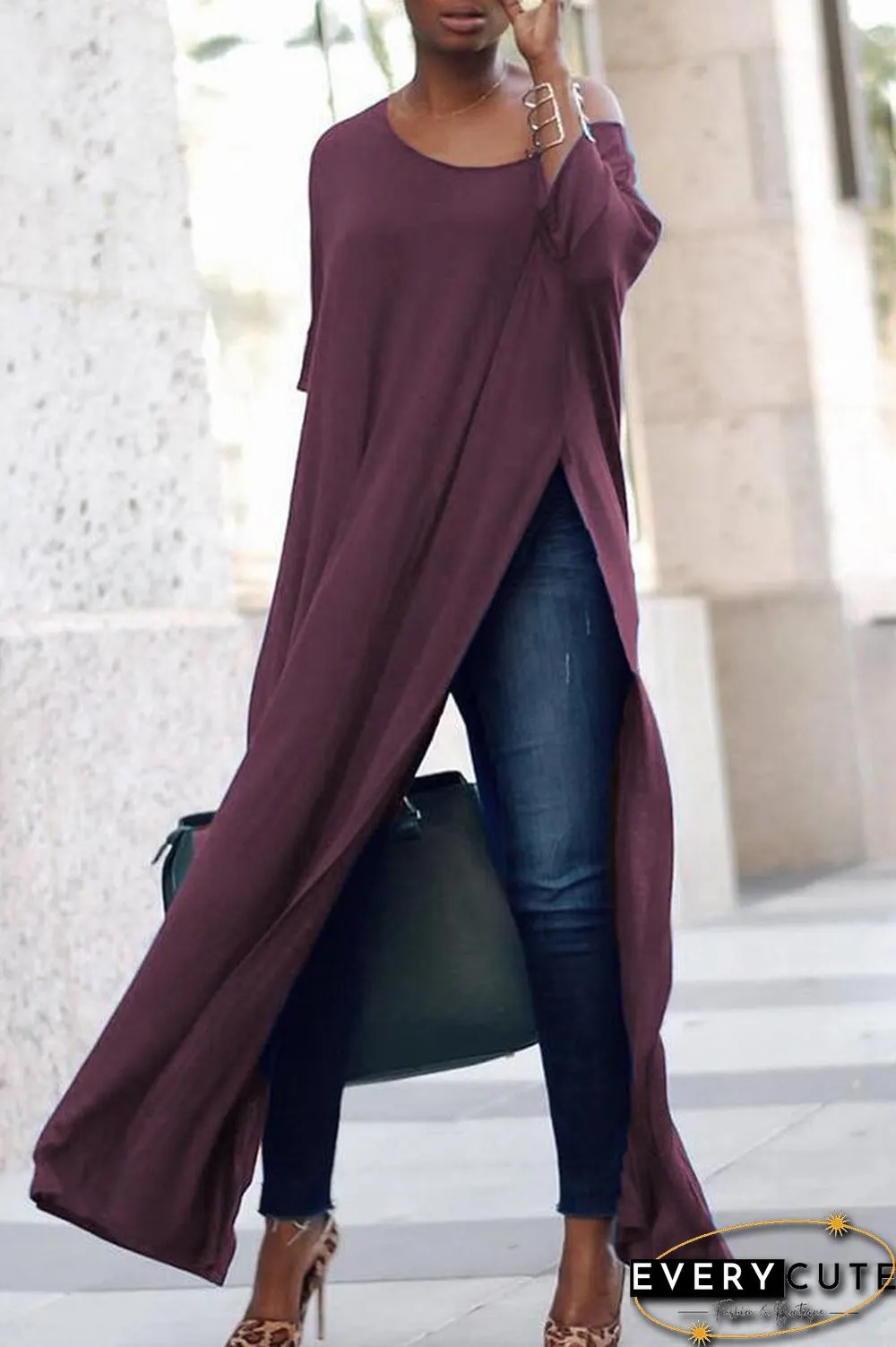Off Shoulder High Split Batwing Long Dress