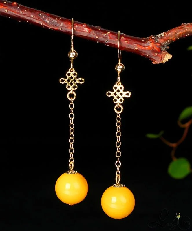 Fine Yellow 14K Gold Amber Beeswax Drop Earrings