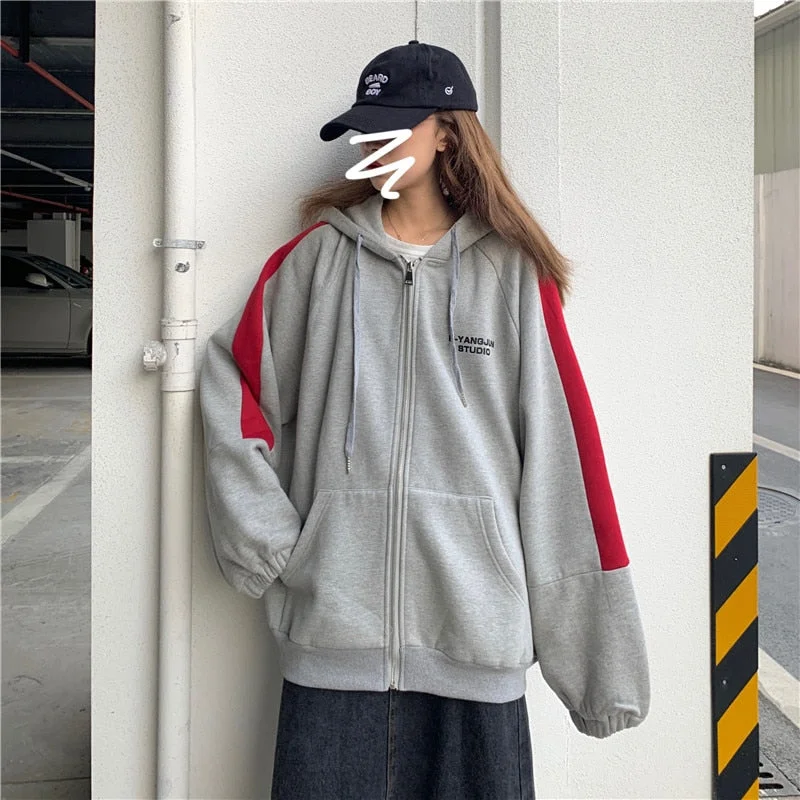 Harajuku Long Sleeve Zip Up Hoodies Women Spring Autumn Korean Fashion Female Clothes Jacket Top Oversized Hooded Sweatshirts