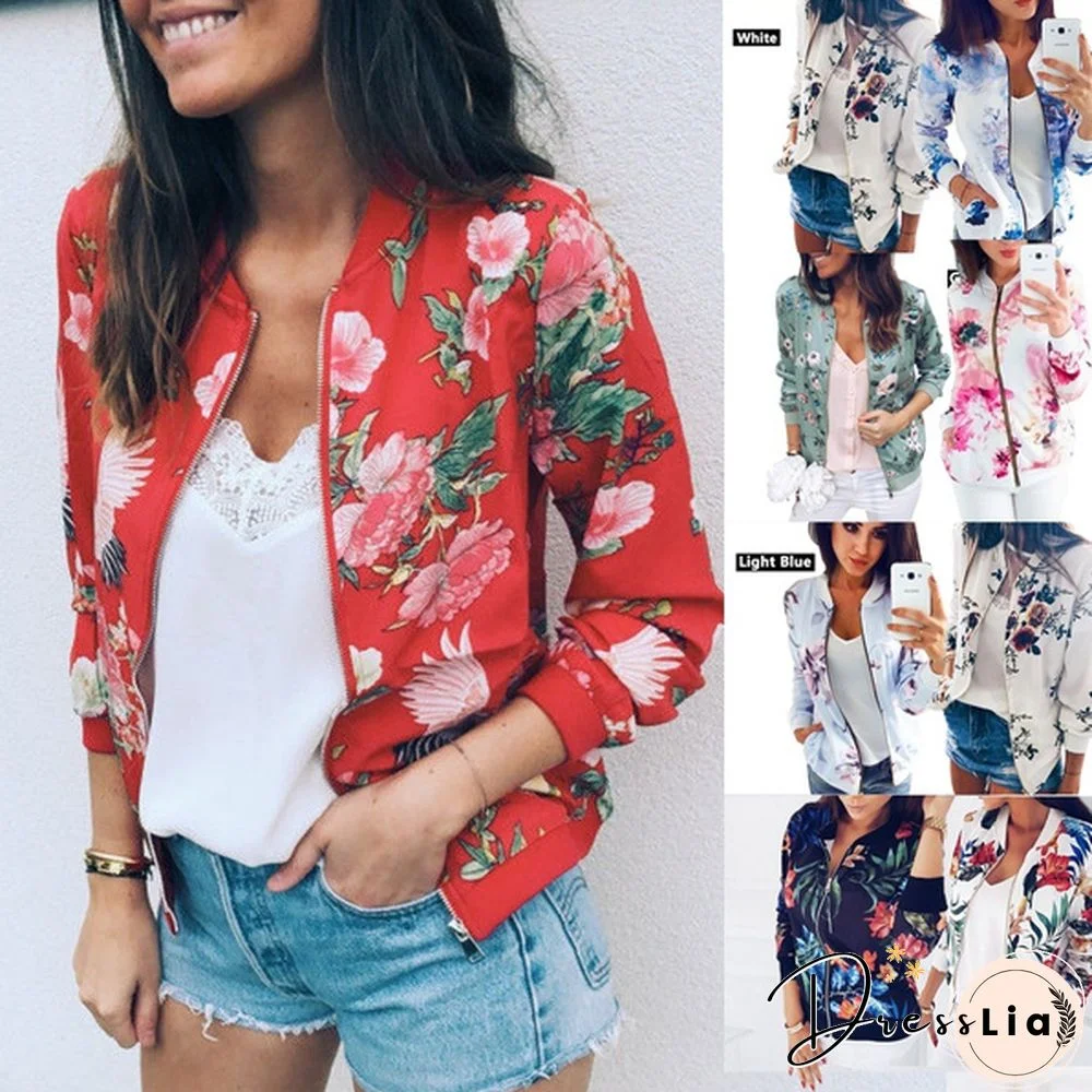 New Spring Aturmn Fashion Womens Retro Floral Zipper Bomber Jacket Baseball Casual Coat Female Tops Plus Size S-5XL