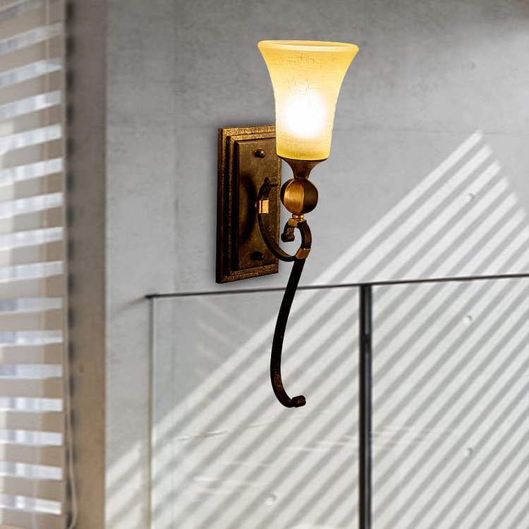 Rectangle Metal Wall Mount Light Lodge 1 Bulb Corridor Sconce Lamp in Antique Bronze with Amber Glass Bell Shade