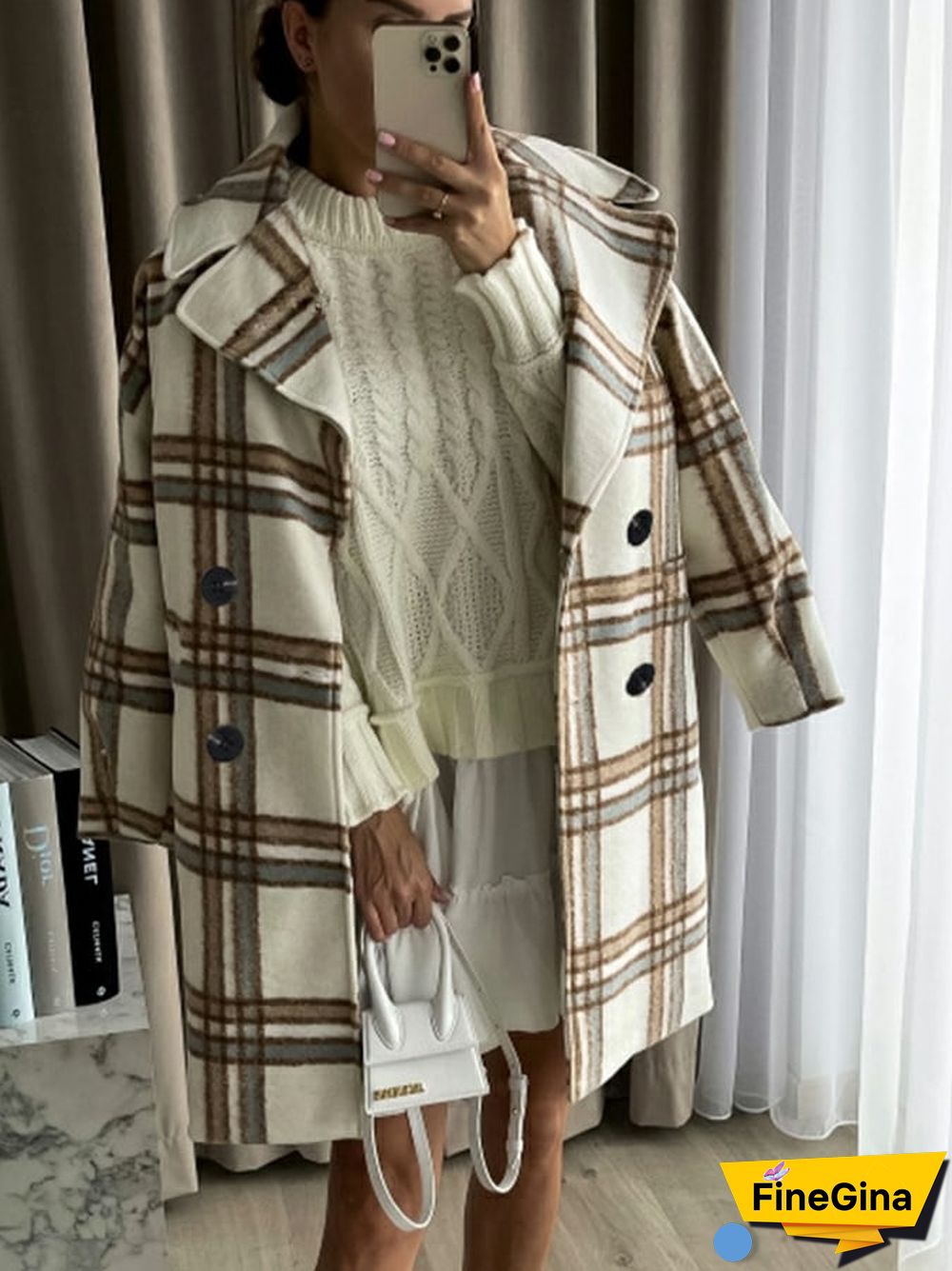 Women's Casual Fashion Plaid Printed Lapel Faux Wool Coat