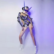 VCSHOES Lady Warrior Cosplay Costume Silver Laser Reflective Bodysuit Headdress Space Dance Outfit Bar Nightclub Party Show Clothes