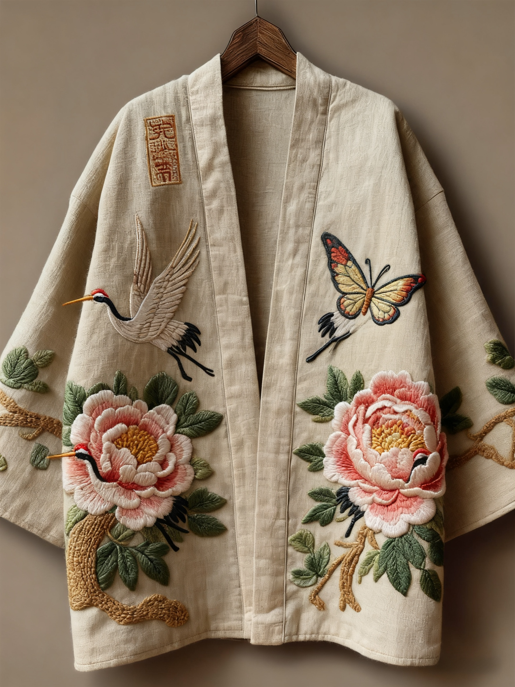 Oriental art landscape painting three-dimensional embroidery linen kimono cardigan