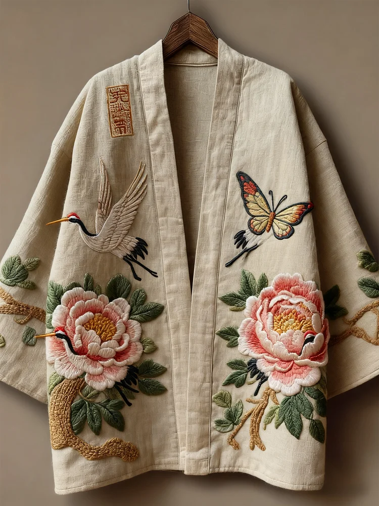 Oriental art landscape painting three-dimensional embroidery linen kimono cardigan