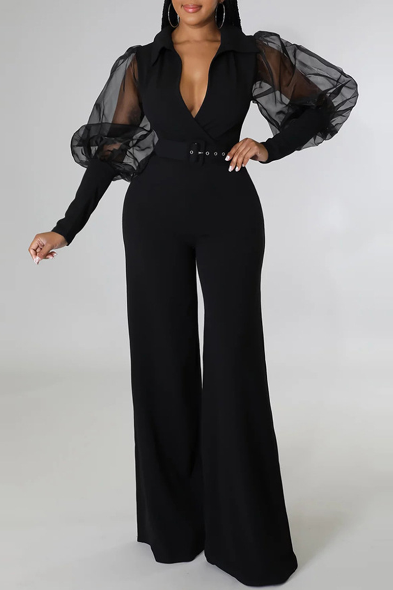 Fashion Solid Without Belt Mesh V Neck Boot Cut Jumpsuits