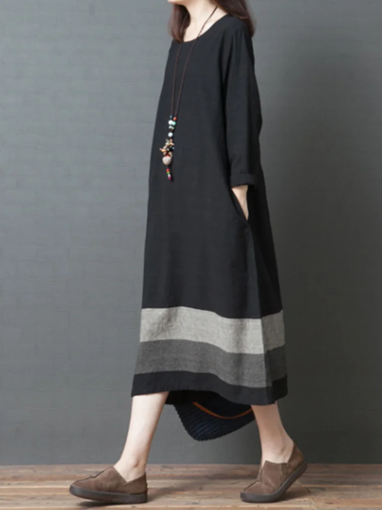 Contrast Stripe Round Neck Long Sleeve Midi Dress