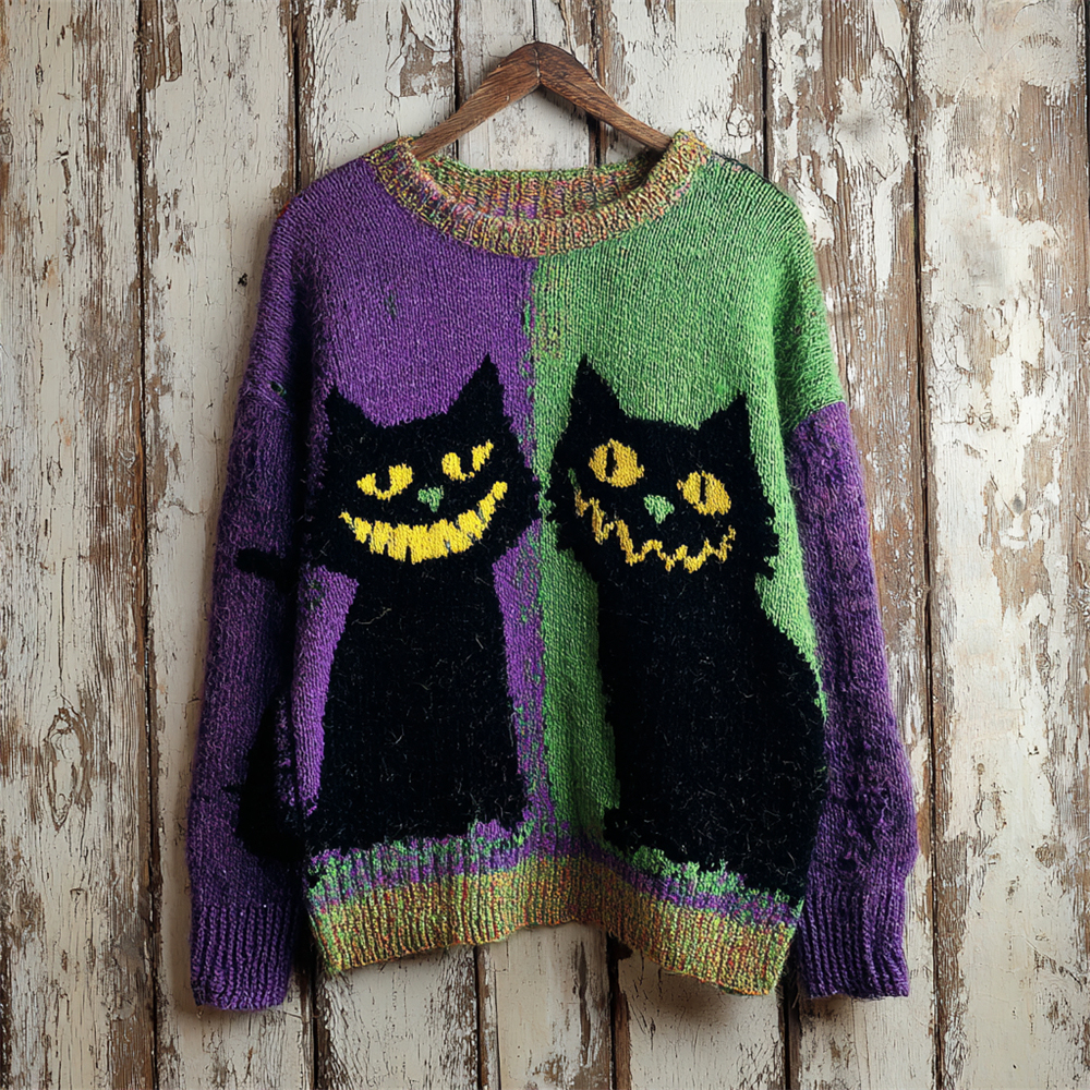 Halloween Black Cat Color Blocking Women's Knitted Sweater elevenforest