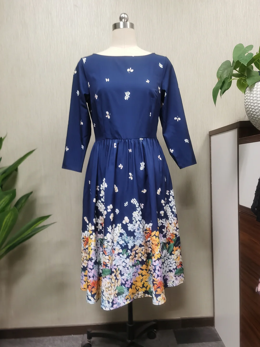 Jangj S.FLAVOR Vintage Women Floral Print Midi Dresses Elegant O-neck 3/4 Sleeve Slim A-line Vestidos De 2022 Autumn Fashion