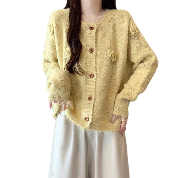 Athvotar Athvotar Small Fresh Three-Dimensional Flowers Knitted Shirt Women Autumn And Winter New Design Sense Age-Sensitive Sweater Coat Women