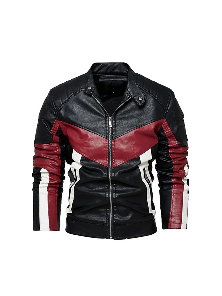 Casual Padded Leather Jacket Men's Jacket Trend Three Patchwork Color Biker Clothing Fashion Lapel Leather Jacket Men