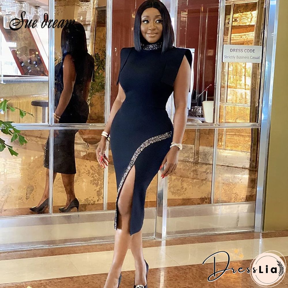 New Women Summer Sexy Turtleneck Beading Split Midi Black Bodycon Bandage Dress Elegant Evening Party Dress Vestidos