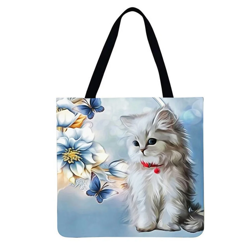Linen Tote Bag-Cat and flowers