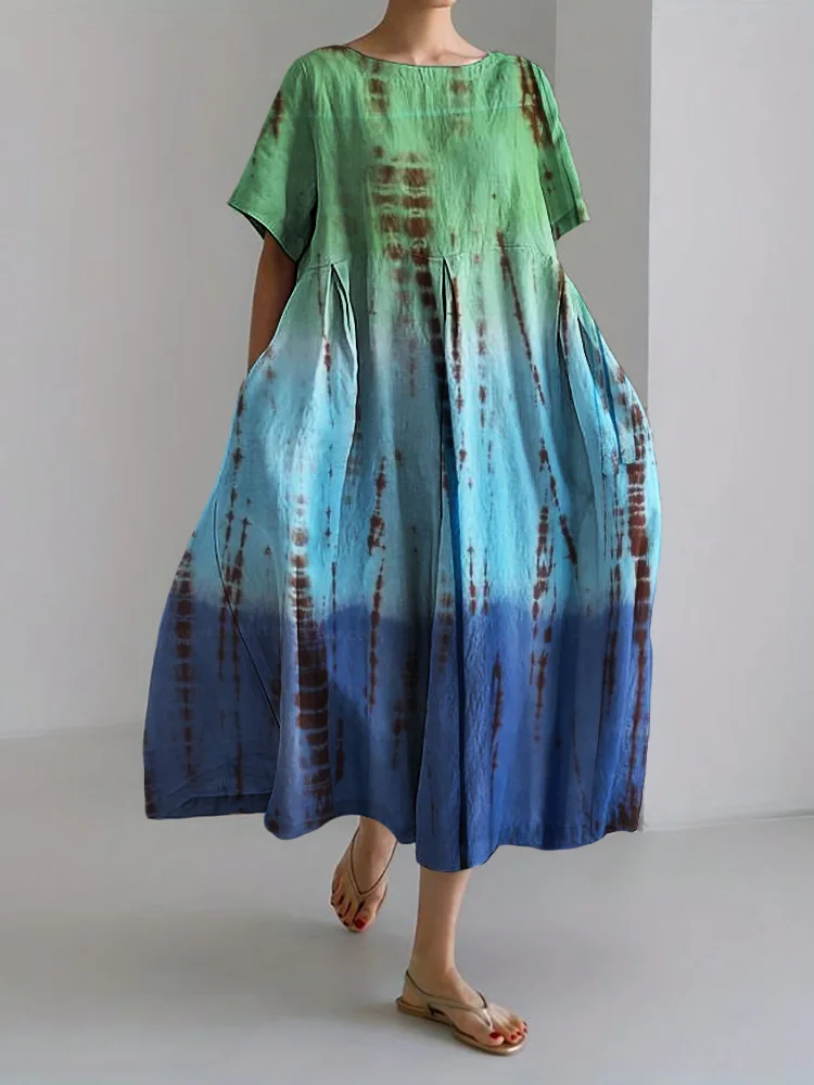 Comstylish Seaside Inspired Gradient Tie Dye Linen Blend Maxi Dress