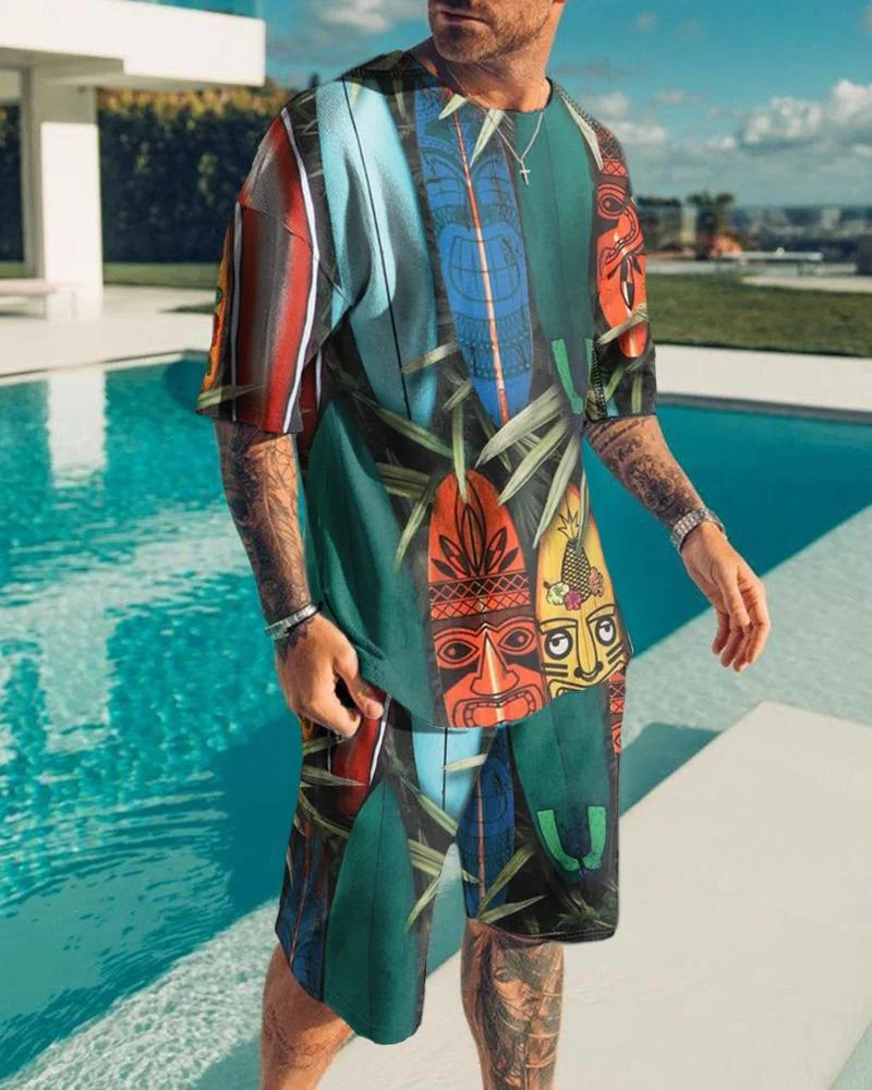 Simple Men's Suit Leaf Print Short Sleeve Shorts