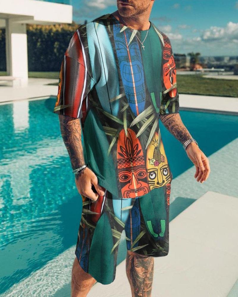 Simple Men's Suit Leaf Print Short Sleeve Shorts