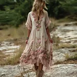 Vintage Pink Roses Fiber Art Ruffle Hem Flowy Linen Maxi Dress - Image 2