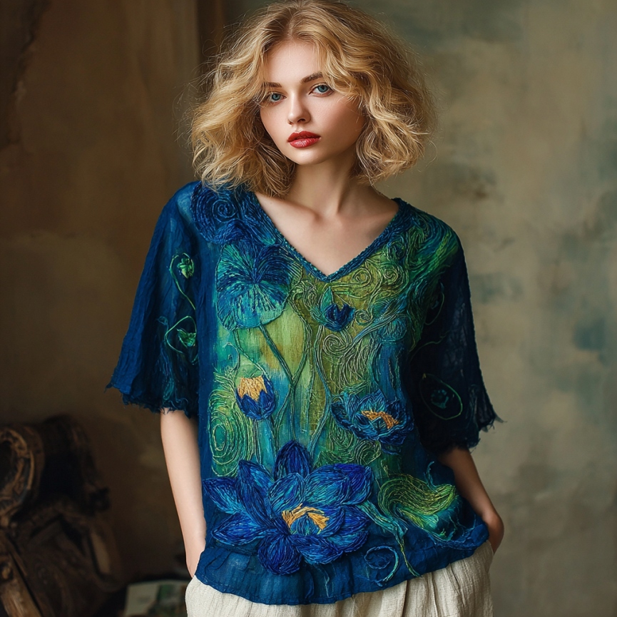 Women's Vintage Lotus Floral Landscape Art Embroidery Sleeve Shirt  artssus