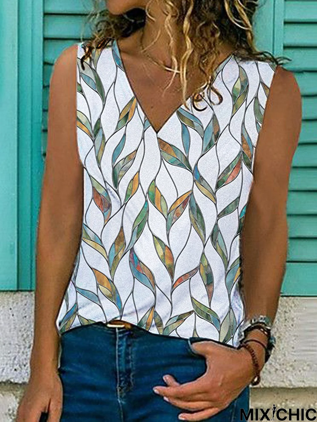 Geometric  Sleeveless  Printed  Cotton-blend   V neck Vintage  Summer  White Top