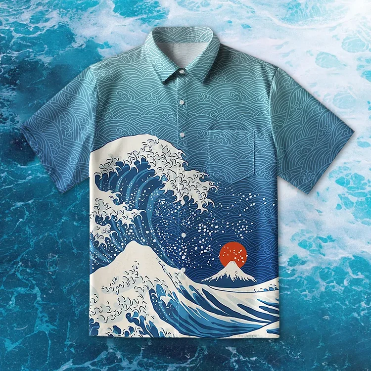 Simpfit Herrenhemd „Die große Welle vor dem Fuji“ mit Knopfleiste