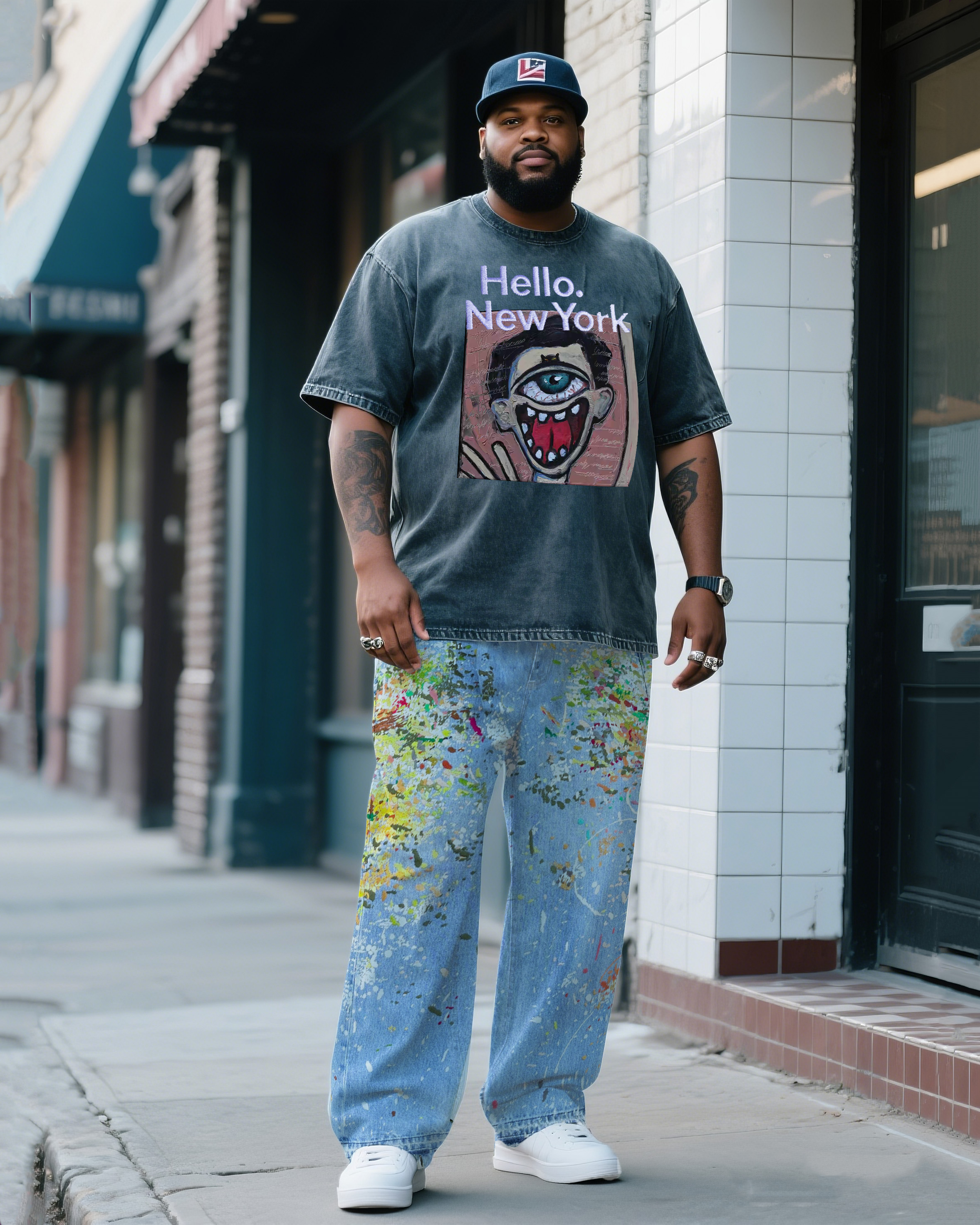 Plus Size Men Hello New York Printed T-Shirt Splash Ink Pants Denim Suit
