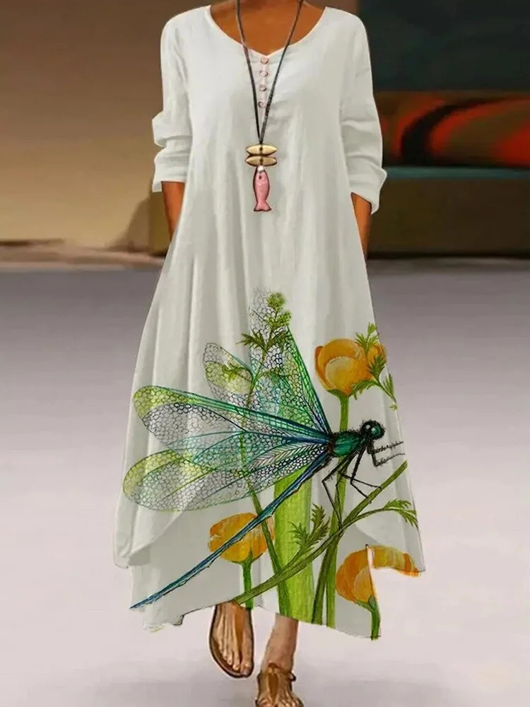 Women Clothes Spring Summer 2022 Plus Size 5xl Elegant Flowers Print   Long Sleeve Vintage Asymmetrical Hem Casual Loose Dress