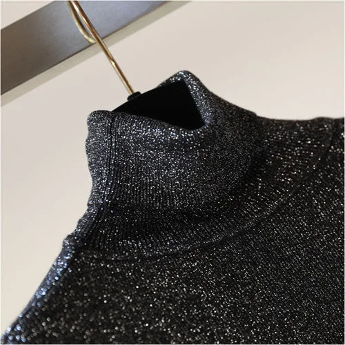 Glitter Turtleneck knit sweater Shinny Chic Women Sweaters And Pullovers spring Autumn thin bling Lurex slim baisc sweater