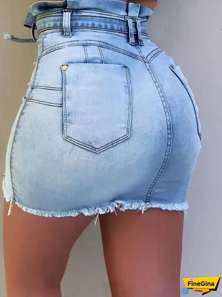 Women's Skirts High Waist Stretch Lace-Up Single-Breasted Denim Skirt